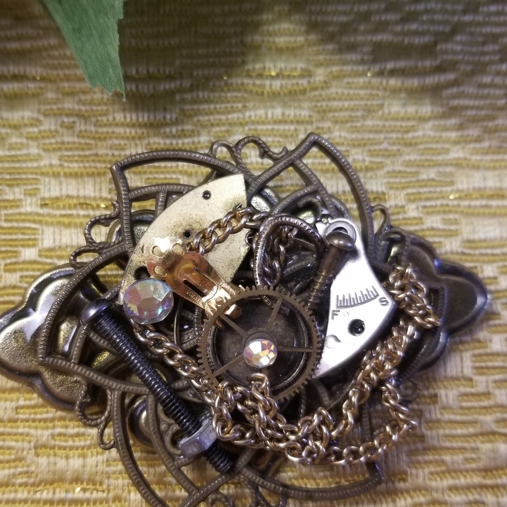 Steampunk Gear Brooch with Chains
